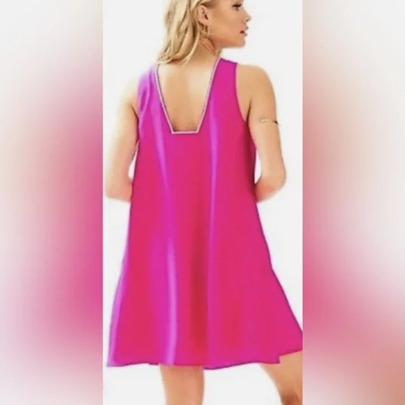 Lilly Pulitzer Owen Silk Trapeze Tunic Dress Hot Pink Gold Beaded Embroidery M - Picture 3 of 9